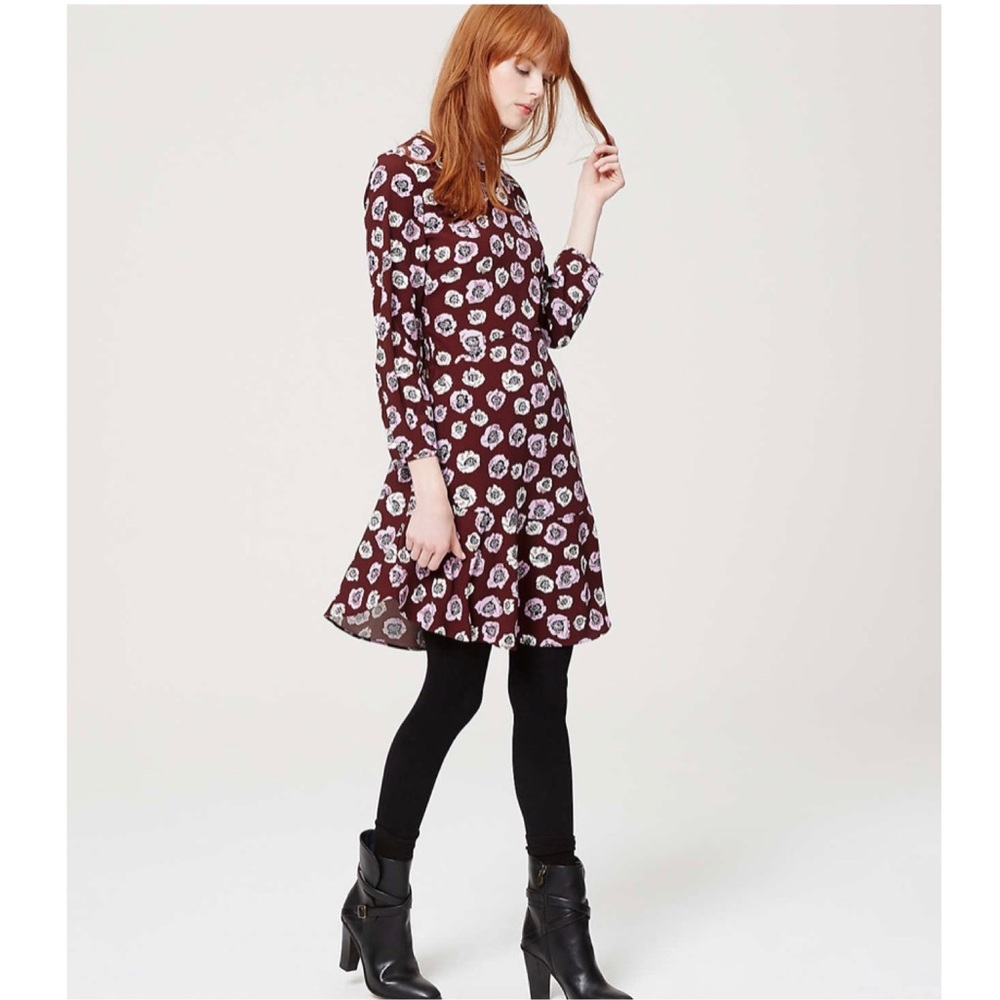 Loft Burgundy Floral Flounce Dress Boho Classic